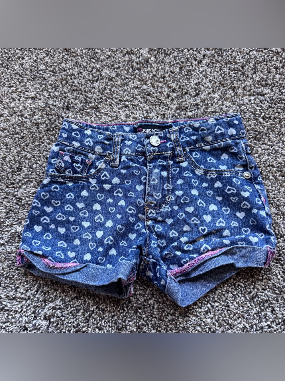 Jordache Girls' Heart-Print Denim Shorts in Blue with Pink Trim